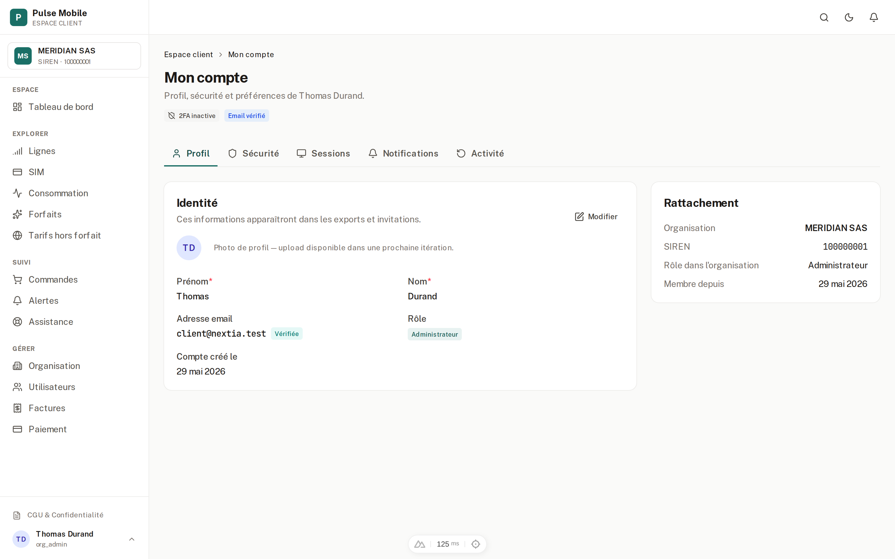 Mon compte — Profil, Sécurité, Sessions, Notifications, Activité