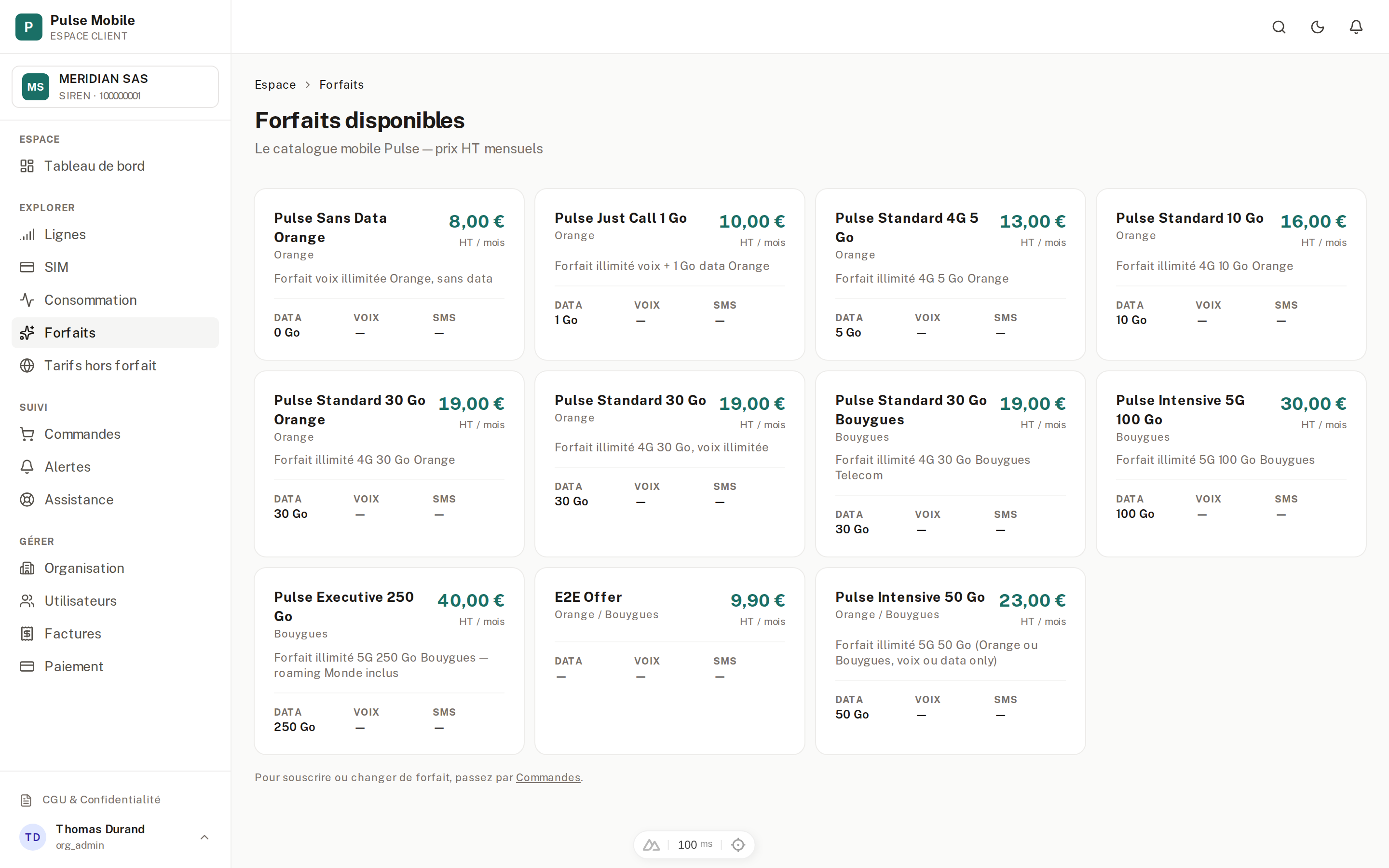 Catalogue des forfaits disponibles