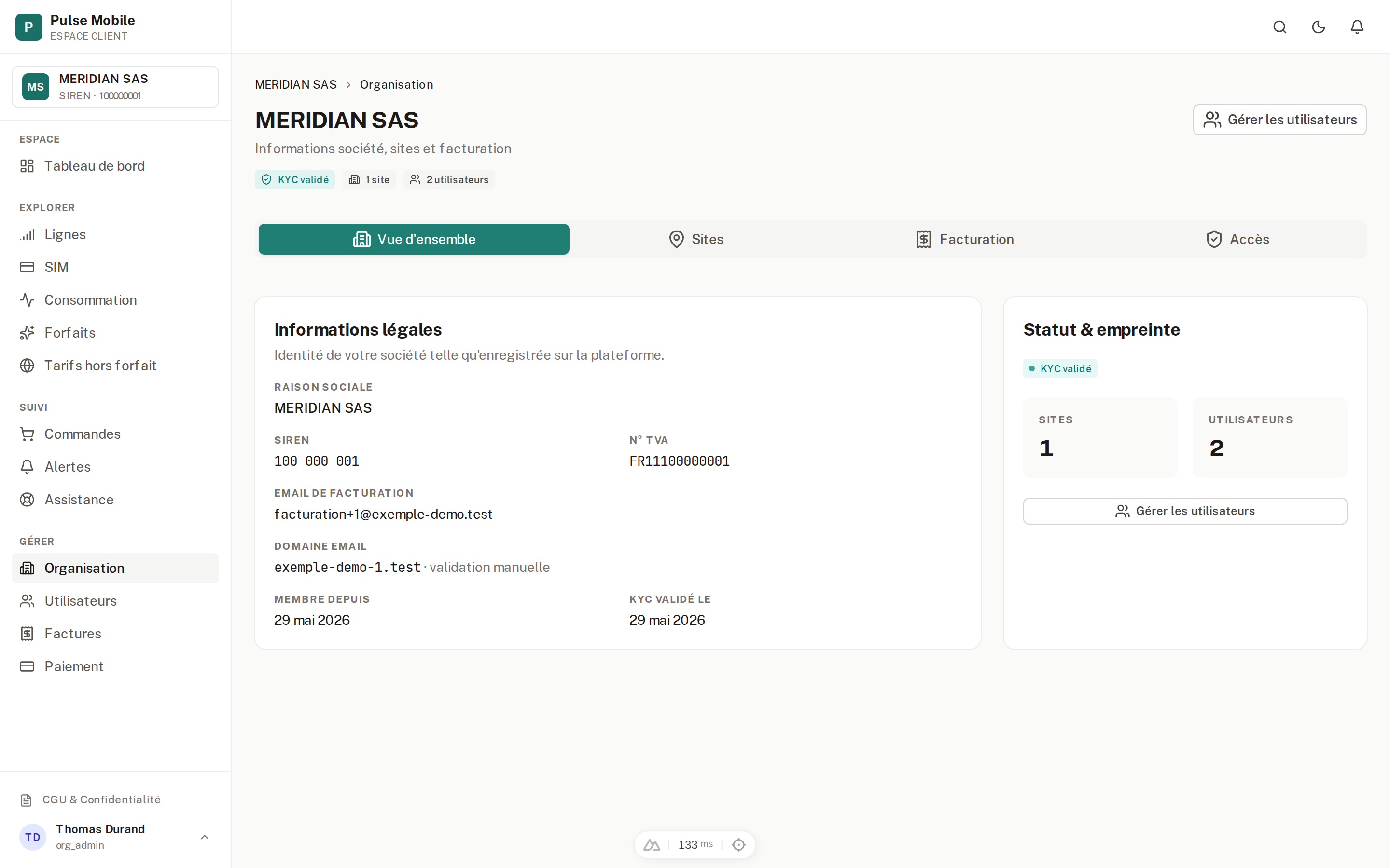 Fiche organisation — Vue d'ensemble, Sites, Facturation, Accès