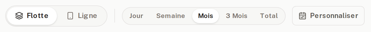 À gauche le périmètre (Flotte / Ligne), à droite la période (jusqu'à « Personnaliser » pour une plage de dates)